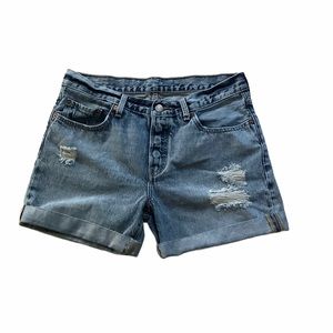 501 Levi’s Button Fly Distressed Denim Shorts